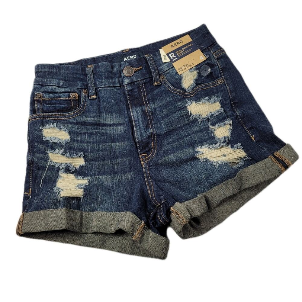 NWT Aeropostale High Rise Curvey Shorts Midi 3" Distressed Denim Stretch size 4
